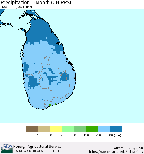 Sri Lanka Precipitation 1-Month (CHIRPS) Thematic Map For 11/1/2021 - 11/30/2021