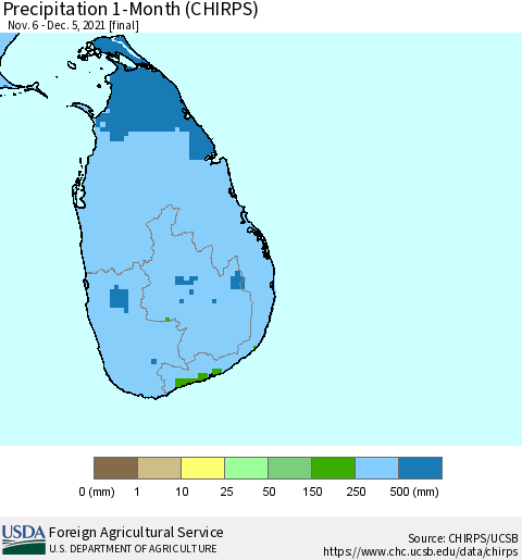 Sri Lanka Precipitation 1-Month (CHIRPS) Thematic Map For 11/6/2021 - 12/5/2021