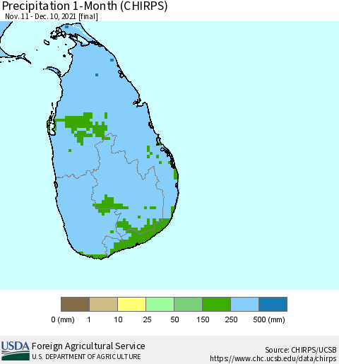 Sri Lanka Precipitation 1-Month (CHIRPS) Thematic Map For 11/11/2021 - 12/10/2021