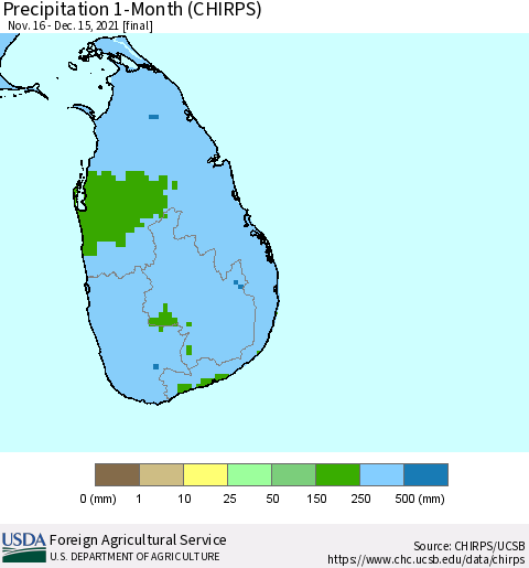 Sri Lanka Precipitation 1-Month (CHIRPS) Thematic Map For 11/16/2021 - 12/15/2021