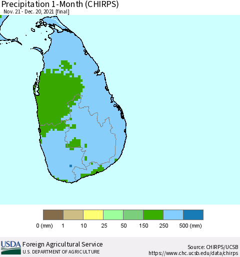 Sri Lanka Precipitation 1-Month (CHIRPS) Thematic Map For 11/21/2021 - 12/20/2021