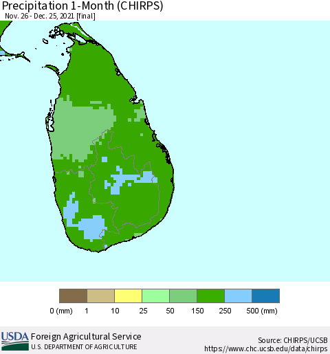 Sri Lanka Precipitation 1-Month (CHIRPS) Thematic Map For 11/26/2021 - 12/25/2021