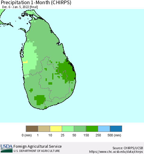 Sri Lanka Precipitation 1-Month (CHIRPS) Thematic Map For 12/6/2021 - 1/5/2022