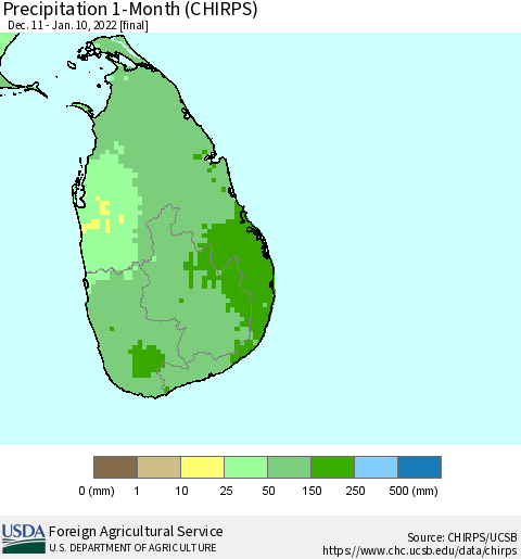 Sri Lanka Precipitation 1-Month (CHIRPS) Thematic Map For 12/11/2021 - 1/10/2022