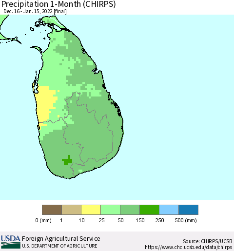 Sri Lanka Precipitation 1-Month (CHIRPS) Thematic Map For 12/16/2021 - 1/15/2022