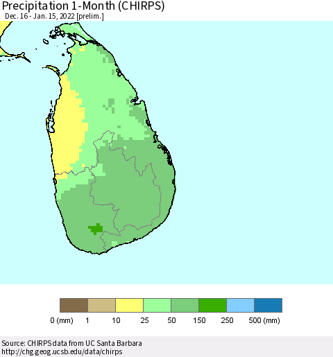 Sri Lanka Precipitation 1-Month (CHIRPS) Thematic Map For 12/16/2021 - 1/15/2022