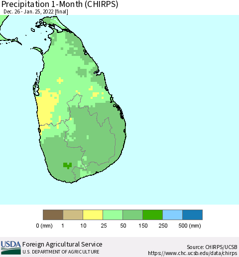 Sri Lanka Precipitation 1-Month (CHIRPS) Thematic Map For 12/26/2021 - 1/25/2022