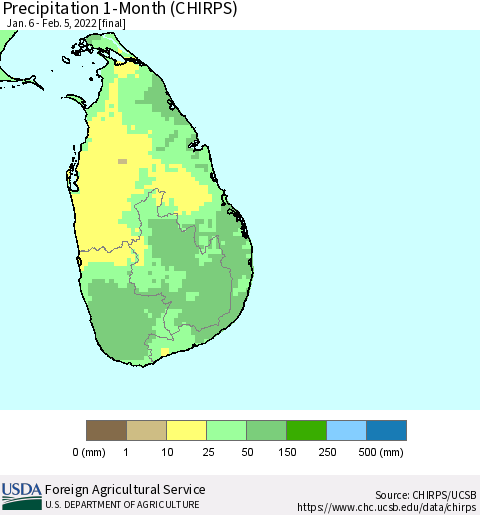 Sri Lanka Precipitation 1-Month (CHIRPS) Thematic Map For 1/6/2022 - 2/5/2022