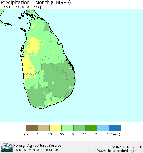 Sri Lanka Precipitation 1-Month (CHIRPS) Thematic Map For 1/11/2022 - 2/10/2022