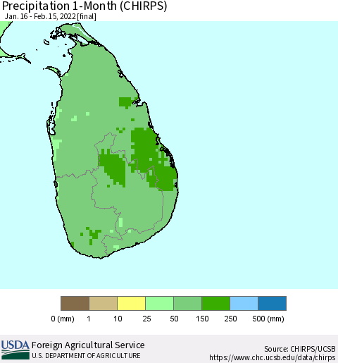 Sri Lanka Precipitation 1-Month (CHIRPS) Thematic Map For 1/16/2022 - 2/15/2022