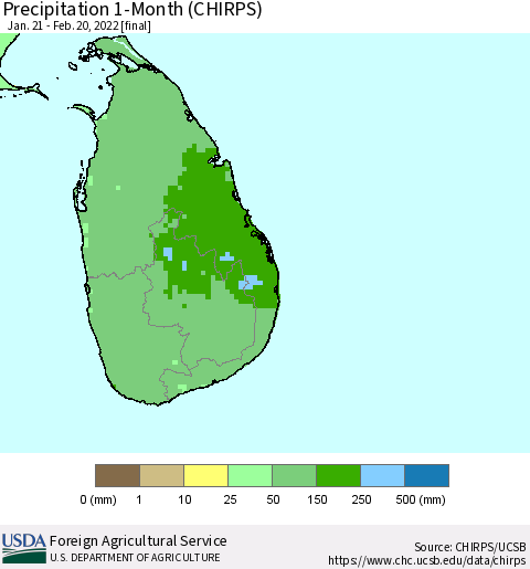 Sri Lanka Precipitation 1-Month (CHIRPS) Thematic Map For 1/21/2022 - 2/20/2022