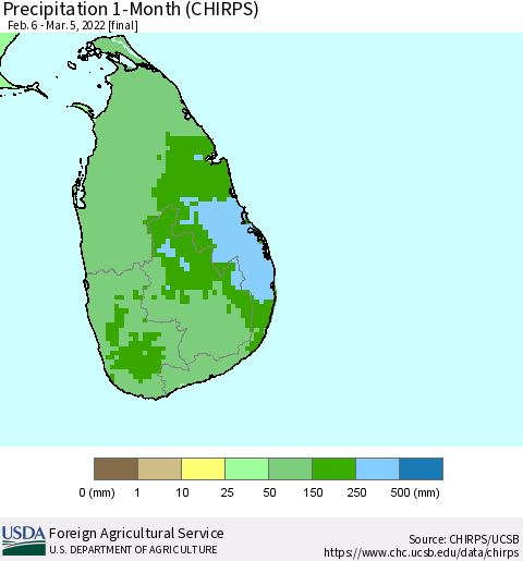 Sri Lanka Precipitation 1-Month (CHIRPS) Thematic Map For 2/6/2022 - 3/5/2022