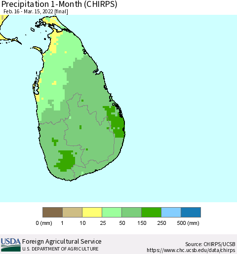 Sri Lanka Precipitation 1-Month (CHIRPS) Thematic Map For 2/16/2022 - 3/15/2022