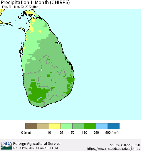 Sri Lanka Precipitation 1-Month (CHIRPS) Thematic Map For 2/21/2022 - 3/20/2022