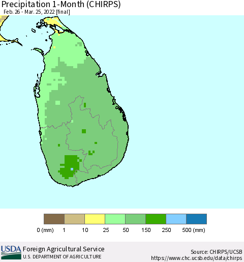 Sri Lanka Precipitation 1-Month (CHIRPS) Thematic Map For 2/26/2022 - 3/25/2022