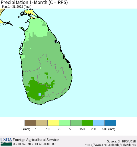 Sri Lanka Precipitation 1-Month (CHIRPS) Thematic Map For 3/1/2022 - 3/31/2022