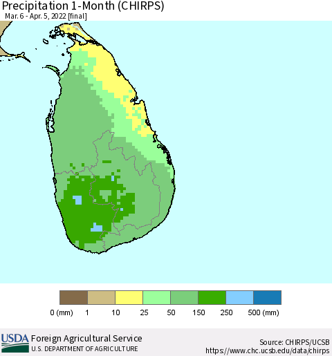 Sri Lanka Precipitation 1-Month (CHIRPS) Thematic Map For 3/6/2022 - 4/5/2022