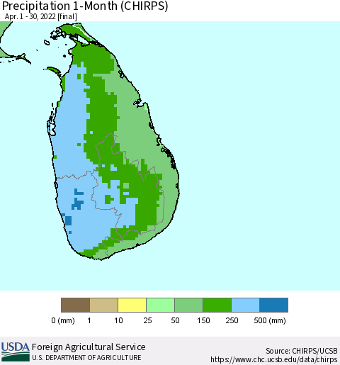 Sri Lanka Precipitation 1-Month (CHIRPS) Thematic Map For 4/1/2022 - 4/30/2022