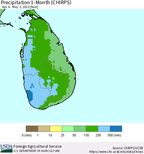 Sri Lanka Precipitation 1-Month (CHIRPS) Thematic Map For 4/6/2022 - 5/5/2022