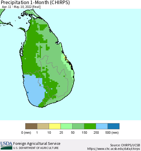 Sri Lanka Precipitation 1-Month (CHIRPS) Thematic Map For 4/11/2022 - 5/10/2022