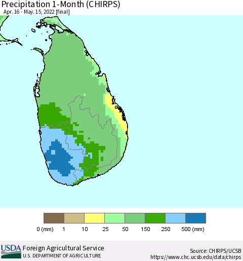 Sri Lanka Precipitation 1-Month (CHIRPS) Thematic Map For 4/16/2022 - 5/15/2022