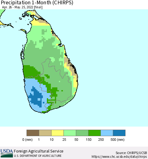 Sri Lanka Precipitation 1-Month (CHIRPS) Thematic Map For 4/26/2022 - 5/25/2022
