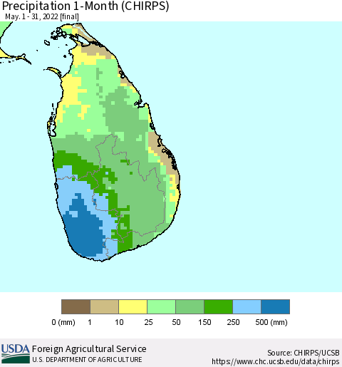 Sri Lanka Precipitation 1-Month (CHIRPS) Thematic Map For 5/1/2022 - 5/31/2022