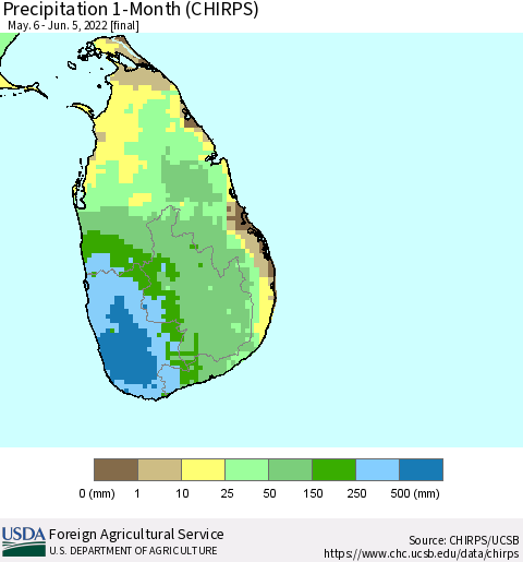 Sri Lanka Precipitation 1-Month (CHIRPS) Thematic Map For 5/6/2022 - 6/5/2022