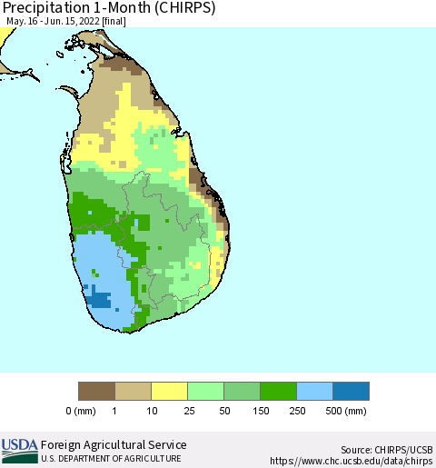 Sri Lanka Precipitation 1-Month (CHIRPS) Thematic Map For 5/16/2022 - 6/15/2022