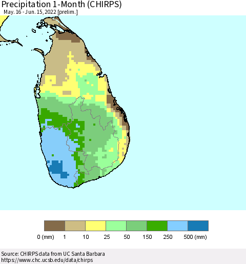 Sri Lanka Precipitation 1-Month (CHIRPS) Thematic Map For 5/16/2022 - 6/15/2022
