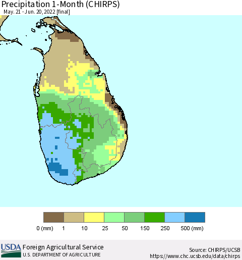 Sri Lanka Precipitation 1-Month (CHIRPS) Thematic Map For 5/21/2022 - 6/20/2022