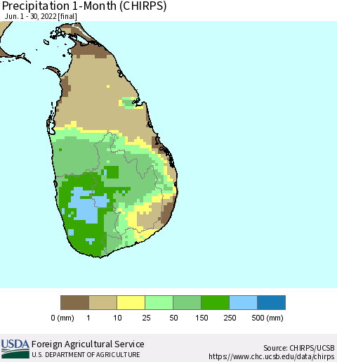 Sri Lanka Precipitation 1-Month (CHIRPS) Thematic Map For 6/1/2022 - 6/30/2022