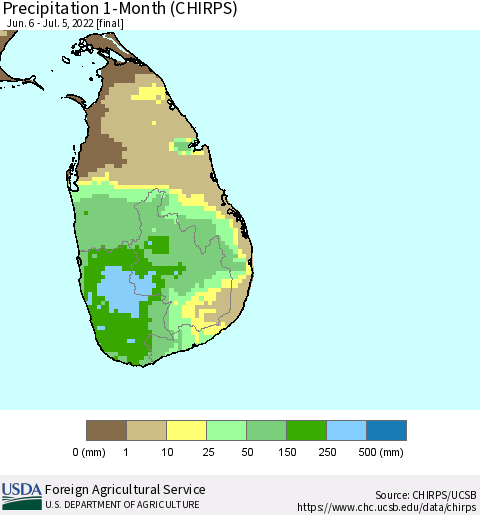 Sri Lanka Precipitation 1-Month (CHIRPS) Thematic Map For 6/6/2022 - 7/5/2022