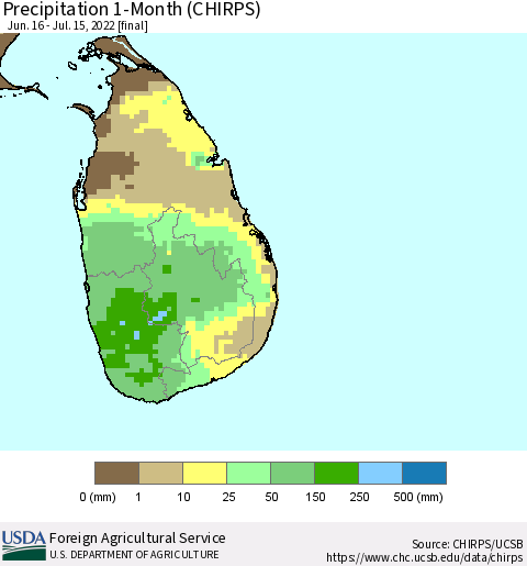 Sri Lanka Precipitation 1-Month (CHIRPS) Thematic Map For 6/16/2022 - 7/15/2022