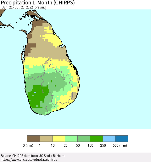 Sri Lanka Precipitation 1-Month (CHIRPS) Thematic Map For 6/21/2022 - 7/20/2022