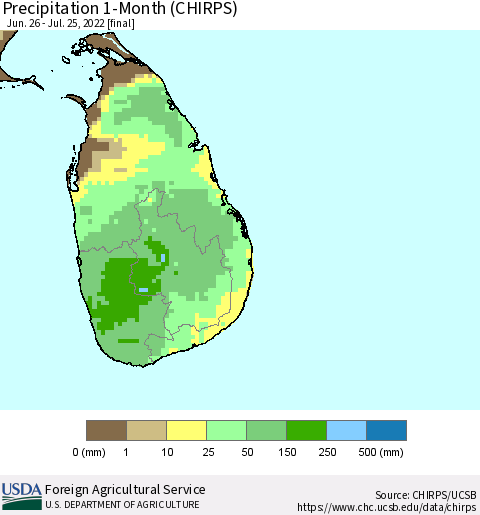 Sri Lanka Precipitation 1-Month (CHIRPS) Thematic Map For 6/26/2022 - 7/25/2022