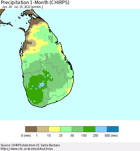 Sri Lanka Precipitation 1-Month (CHIRPS) Thematic Map For 6/26/2022 - 7/25/2022