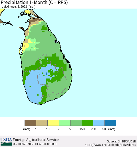 Sri Lanka Precipitation 1-Month (CHIRPS) Thematic Map For 7/6/2022 - 8/5/2022