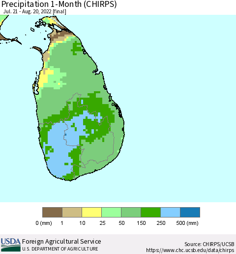 Sri Lanka Precipitation 1-Month (CHIRPS) Thematic Map For 7/21/2022 - 8/20/2022