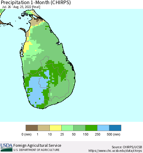 Sri Lanka Precipitation 1-Month (CHIRPS) Thematic Map For 7/26/2022 - 8/25/2022