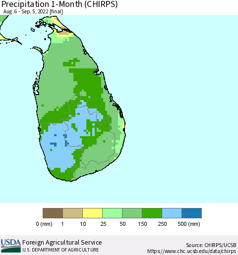 Sri Lanka Precipitation 1-Month (CHIRPS) Thematic Map For 8/6/2022 - 9/5/2022