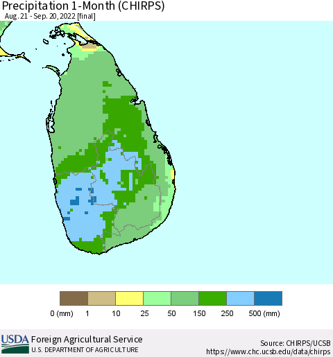 Sri Lanka Precipitation 1-Month (CHIRPS) Thematic Map For 8/21/2022 - 9/20/2022