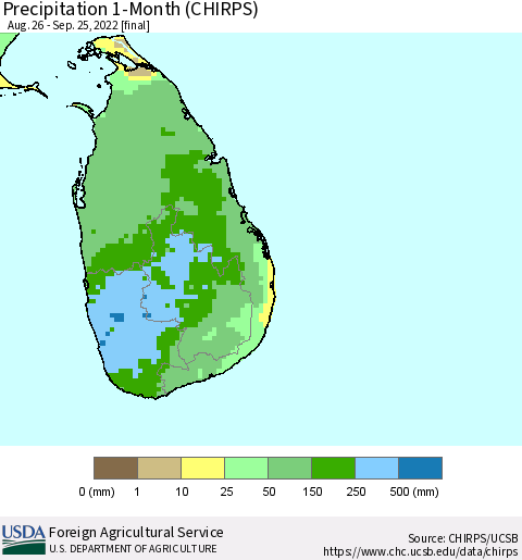 Sri Lanka Precipitation 1-Month (CHIRPS) Thematic Map For 8/26/2022 - 9/25/2022
