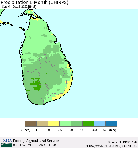 Sri Lanka Precipitation 1-Month (CHIRPS) Thematic Map For 9/6/2022 - 10/5/2022