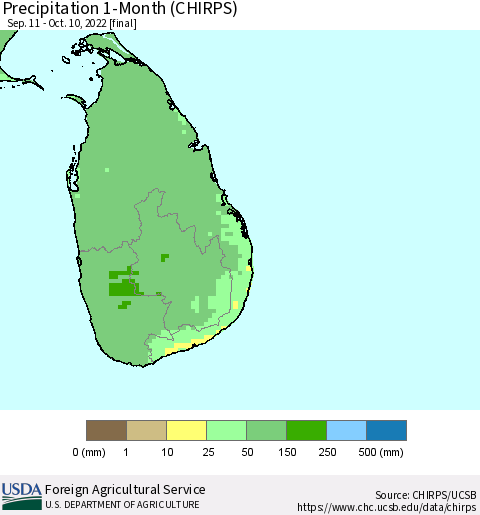 Sri Lanka Precipitation 1-Month (CHIRPS) Thematic Map For 9/11/2022 - 10/10/2022
