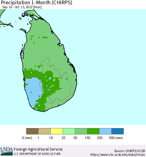 Sri Lanka Precipitation 1-Month (CHIRPS) Thematic Map For 9/16/2022 - 10/15/2022