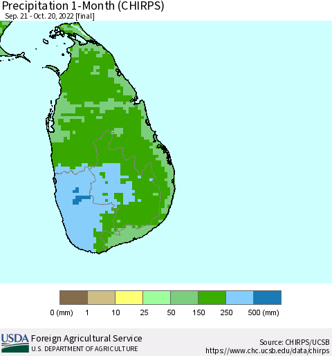 Sri Lanka Precipitation 1-Month (CHIRPS) Thematic Map For 9/21/2022 - 10/20/2022