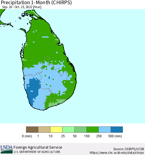 Sri Lanka Precipitation 1-Month (CHIRPS) Thematic Map For 9/26/2022 - 10/25/2022
