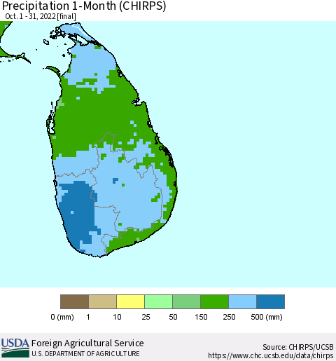 Sri Lanka Precipitation 1-Month (CHIRPS) Thematic Map For 10/1/2022 - 10/31/2022