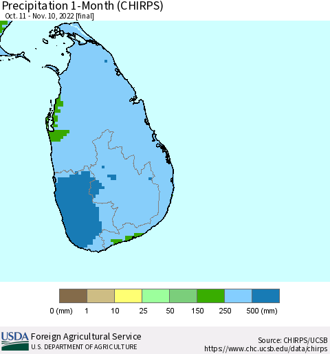 Sri Lanka Precipitation 1-Month (CHIRPS) Thematic Map For 10/11/2022 - 11/10/2022